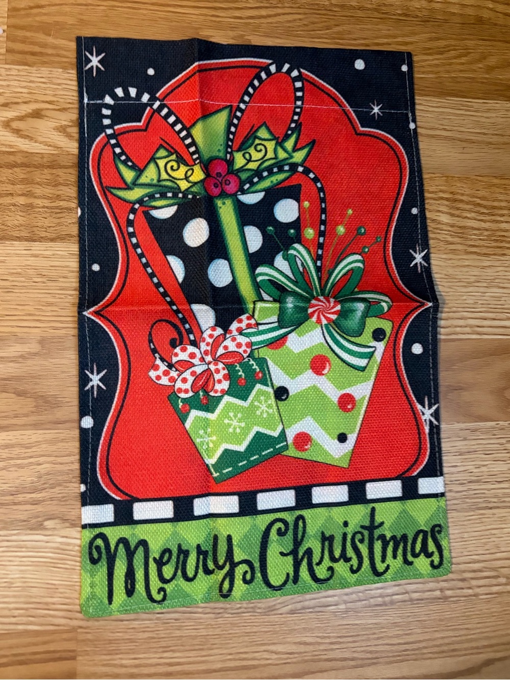 Merry Christmas Burlap Garden Flag 11x17 Stacked Gift Boxes Polka Dot Chevron